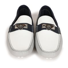 This pair of Irving Loafers are in White, Bleu Glacier, and Bleu Nuit Epsom with Palladium hardware, leather uppers, soles, and interior, rubber studded treads, and the Collier De Chien style metal buckle.Origin: ItalyCondition: New and never wornAccompanied by: Hermes Box, dustbag for each shoe, carebookSize: 42 EU White Leather Moccasins With Removable Insole, White Leather Slip-on Boat Shoes, Designer Slip-on Leather Shoes, White Calf Leather Loafers For Spring, White Flat Leather Shoes For Formal Occasion, Luxury White Leather Shoes With Textured Sole, Luxury White Slip-on Moccasins, White Leather Flat Loafers, Luxury White Slip-on Leather Shoes