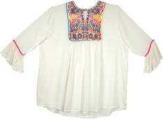 Loose fit and comfortable, this loose tunic is perfect for the summers, it is made from slightly sheer material and has a round neckline accentuated with embroidery in multicolor. This tunic shirt is all about elegant construction, a comfortable loose fit and a beautiful way to wear a current trend. Length: 30"Bust:M-44, L-46, XL-48 inches (please choose size below); Material: 100% Rayon; Care: Hand wash only, line dry Bohemian Crew Neck Blouse For Vacation, Bohemian Multicolor Embroidered V-neck Top, Multicolor Embroidered Tops For Beach, Multicolor Embroidered Hem Top For Beach, Summer Tunic Top With Embroidered Neckline, Summer Embroidered Neckline Tunic Top, Beach Tops With Multicolor Embroidery And Embroidered Hem, Casual Multicolor Tops With Embroidered Hem, Casual Embroidered Summer Tunic