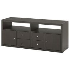 an entertainment center with drawers and doors on the bottom, in dark grey wood finish