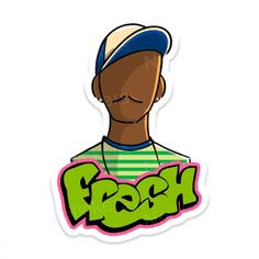 a sticker with the word fresh written in green and pink on it's face