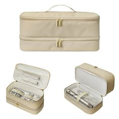 an open suitcase with three compartments and one opened