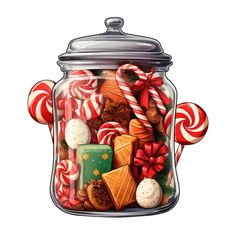 a glass jar filled with candy canes and candies