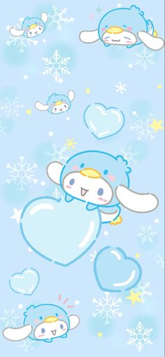 an image of a cartoon character with snowflakes on the ground and hearts in the air