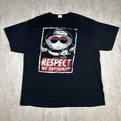 Show off your love for classic 90s humor with this Vintage South Park Cartman 'Respect My Authority' T-Shirt. Featuring the iconic Cartman graphic, this black tee is a must-have for fans of the irreverent show. With its bold design and timeless catchphrase, it's a fun addition to any retro collection. Please refer to the provided pictures for a detailed view of the condition and measurements of this item. We strive to present our pieces as accurately as possible, ensuring you have a clear understanding of their fit and wear. We put in our best efforts to clean and remove any stains, marks, etc. from our vintage pieces, but due to the nature of these items, some imperfections may remain. If you have any questions or require additional pictures, please don't hesitate to reach out to us! Retro Black T-shirt For Fan Conventions, Black Letter Print T-shirt For Fan Conventions, Black 90s Style T-shirt For Fan Merchandise, Vintage Black Tops For Fan Conventions, Vintage Black Top For Fan Conventions, Black Vintage Tops For Fan Conventions, Vintage South Park, 90s Humor, Retro Collection