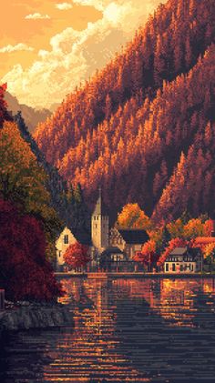 an image of a scenic scene with mountains and trees in the background, as well as houses on the water