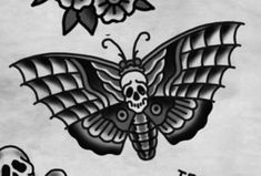 an image of a butterfly and skull with roses on the side, in black and white