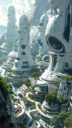 the futuristic city is surrounded by mountains and trees