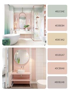 the bathroom is in pastel colors and has a mirror, sink, toilet, tub, and shower