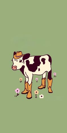 a black and white cow wearing cowboy boots standing in front of a green background with flowers