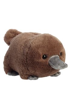 a stuffed animal that is brown and has a gray beak on it's head