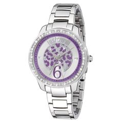 The Just Cavalli Shiny series watch features a stainless steel 40 mm case, with a fixed bezel a purple dial and a scratch resistant mineral crystal. The 17.5 mm stainless steel band is fitted with a deployant buckle clasp . This beautiful wristwatch, powered by quartz movement, supports: hour, minute, second functions. This watch has a water resistance of up to 100 feet/30 meters, suitable for short periods of recreational swimming. This stylish timepiece is sure to complete any woman's collection. Purple Leopard, Large Jewelry, Casual Watches, Just Cavalli, Luxe Gifts, Ladies Watch, Stainless Steel Band, Stainless Steel Watch, Watch Collection