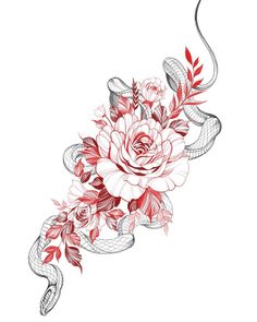 a drawing of flowers and snakes on a white background with the snake in the middle