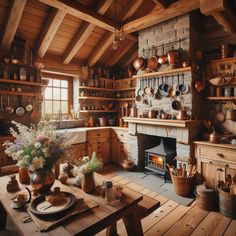 an old fashioned kitchen with wooden floors and walls, filled with pots and pans