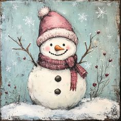 Christmas Paintings Snowman, Painted Snowman On Wood, Painted Snowman, Boho Christmas Decor, Christmas Artwork, Snowman Painting, Trendy Tree, Pink Accessories, Canvas Ideas