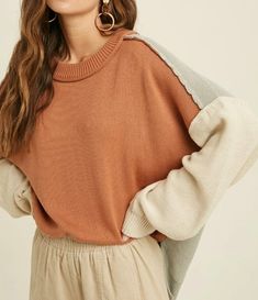 Clay and Mint Color Block Sweater features an oversized fit with raw edge and side... Stitch Sweater, Detailed Sweater, Mint Color, Color Block Sweater, Raw Edge, Drop Shoulder, Color Blocking, Color Block, Turtle Neck