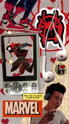 an image of a man with headphones in front of a cell phone and some stickers