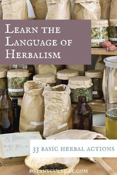 the words learn the language of herbism in front of various bottles and bags filled with herbs