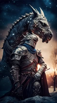 a knight sitting on top of a horse next to a dragon in the night sky