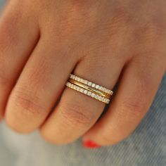 Today we have a set of 3 wedding bands made for women in 14k solid yellow gold (available in white gold and rose gold) and with moissanite gemstones. This listing includes two half eternity moissanite bands and one matching plain gold band (total of 3 rings). The half eternity moissanite bands each have a width of 1.9mm and a height of 1.5mm. the matching solid gold band has a width of 1.9mm and a height of about 1.4mm. All three rings stack beautifully and comfortably. The Half Eternity Moissan Moissanite Bands, 3 Wedding Bands, Eternity Band Stack, Plain Gold Wedding Bands, Rings Stack, Stackable Rings Wedding, Fancy Jewellery Designs, Yellow Gold Wedding Band, Solid Gold Band