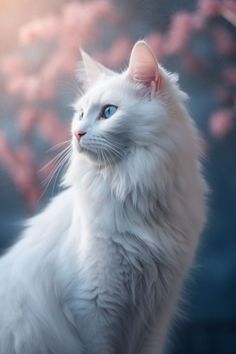 a white cat with blue eyes sitting in front of some pink flowers on a tree