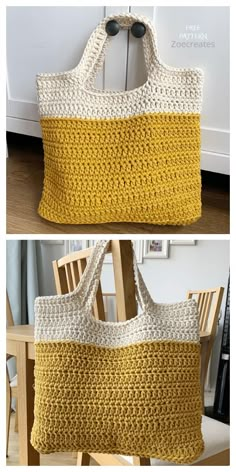 a crocheted market tote is shown in two different colors and the bottom one has