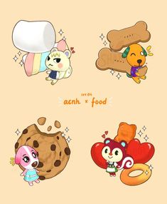 four cartoon animals with different foods on them