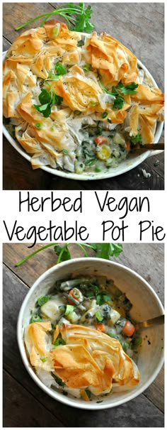 two pictures of vegetable pot pies with text overlay that reads herbed vegan vegetable pot pie