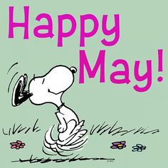 a cartoon snoopy dog with the words happy may on it's back ground