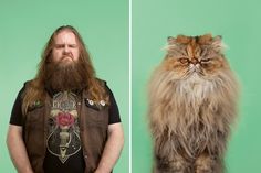 two pictures of a man with long hair and a cat in front of green background