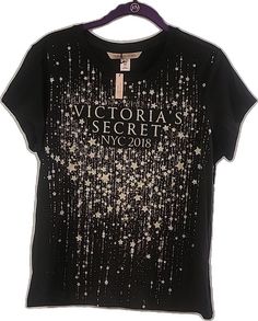 Victoria's Secret Crew Neck T-shirt, Trendy Victoria's Secret Crew Neck Top, Victoria's Secret Crew Neck T-shirt For Summer, Victoria's Secret Short Sleeve Tops For Spring, Victoria's Secret Tops For Night Out In Spring, Victoria's Secret T-shirt For Spring, Victoria's Secret Graphic Print Crew Neck Top, Victoria's Secret Letter Print Summer Tops, Victoria's Secret Summer Tops With Letter Print