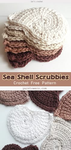 crocheted sea shell scrubbies with text overlay