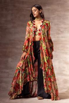 Shop for Ruhr India Red Silk Chinon Floral Print Jacket for Women Online at Aza Fashions Floral Print Jacket, Printed Jacket, Color Block Jacket, Floral Jacket, Gold Silk, Jacket For Women, Indian Outfit, Embroidered Jacket, Fabric Silk