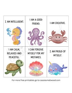 four different sea animals with the words i am intelligent, i am good, i am friend