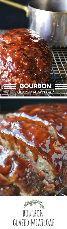 an image of meatloaf being cooked on the grill with bbq sauce and gravy