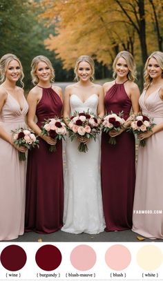 the bridesmaids are all dressed in different colors and styles, including red, pink,