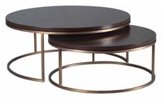 two tables sitting on top of each other with metal bases and round tops in various colors