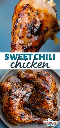 two different pictures of chicken with sauce on them and the words sweet chili chicken above it