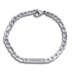 * Personalize with 1 name * Quality constructed of sterling silver * Comes with 8 figaro chain * Weighs 8 grams * Each plate measures 7/8 wide * Made in the USA  The Personalized Men's Figaro Name ID Bracelet is the perfect accessory for him. You can customize with up to 3 names. Silver Chain Bracelet For Father's Day, Engraved Silver Chain Bracelet For Father's Day, Silver Engraved Chain Bracelet For Father's Day, Classic Silver Name Bracelet, Classic Silver Chain Bracelet With Engraving Option, Adjustable Silver Bracelet With Figaro Chain, Adjustable Silver Figaro Chain Bracelet, Silver Personalized Bracelets For Father's Day, Modern Silver Name Bracelet For Personalized Gift