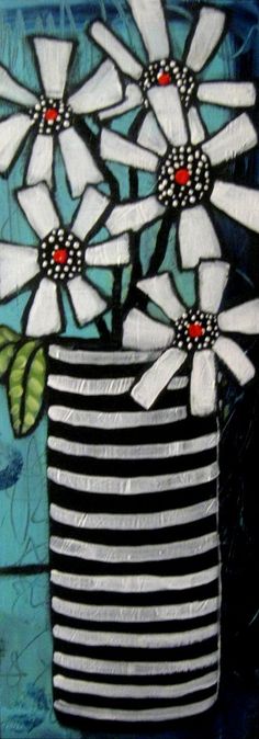 a painting of flowers in a black and white striped vase on a blue tile background