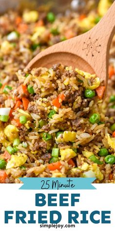 beef fried rice with peas and carrots in a skillet