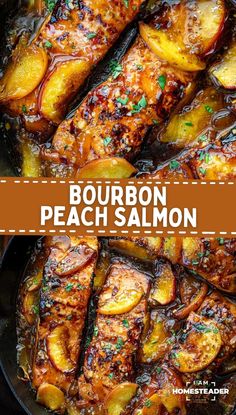 Bourbon Peach Roasted Salmon takes salmon filets to a new level by marinating them in a rich bourbon peach blend. These filets are then seared and roasted, allowing the marinade to caramelize into a mouthwatering glaze. Fresh peach slices soften during cooking, releasing their juices and infusing the dish with extra sweetness and juiciness. Sweet Bourbon Salmon, Marinate Fish Recipes, Peach Bourbon Baked Beans, Peach Glazed Salmon, Brown Stew Salmon, Salmon Recipes For Meal Prep, Bourbon Peach Salmon, Chopped Salmon Recipes, Peach Dishes Recipes