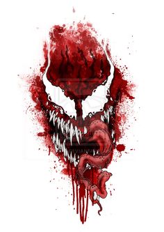 a red and white drawing of a monster face with blood splatters on it