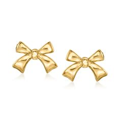 Ross-Simons - 14kt Yellow Gold Bow Earrings. RS Pure. Modern designs that complete your outfit and complement your personality. Pretty and petite, our handcrafted 14kt yellow gold bow earrings are a dainty take on the big trend! Finish off any look with these simple, adorable ribbons. Post/clutch, 14kt yellow gold bow earrings. Yellow Gold Bow Earrings For Wedding, Classic Gold Bow Earrings, Classic Bow Earrings For Anniversary, Bow Earrings Gold, Gold Bow Earrings, Dress Tiktok, 16 Outfits, Sweet 16 Outfits, Bow Aesthetic