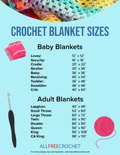 the crochet blanket sizes chart is shown in blue and pink, with an image of