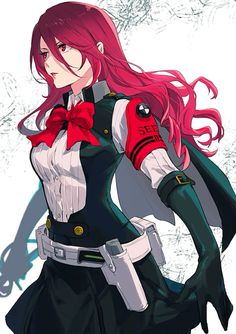 an anime character with red hair and black clothes