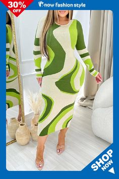 Casual Print Basic O Neck Long Sleeve Dresses Trendy Green Knee-length Midi Dress, Trendy Bodycon Midi Dress, Green Midi Dress For Fall, Trendy Knee-length Non-stretch Midi Dress, Trendy Green Fall Dress, Trendy Multicolor Dresses For Fall, Trendy Multicolor Fall Dresses, Trendy Green Winter Dress, Green Casual Midi Dress For Fall