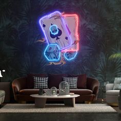 a living room filled with furniture and neon lights