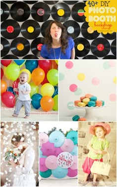 a collage of photos with balloons, cake and other things to do for the birthday party