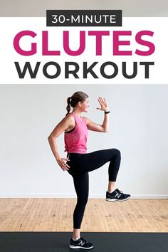 a woman in a pink top and black leggings doing a squat exercise with the words 30 - minute glutes workout