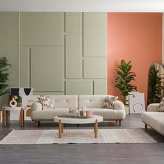 a living room with two couches, a coffee table and some potted plants